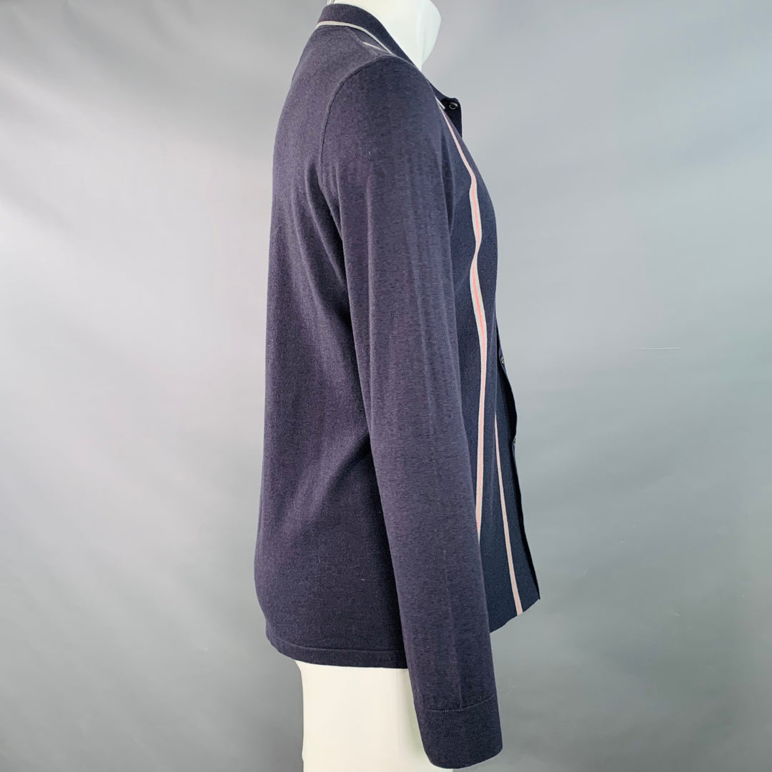 LANVIN Size M Navy Grey Pink Stripe Merino Wool Cotton Knit Long Sleeve Shirt