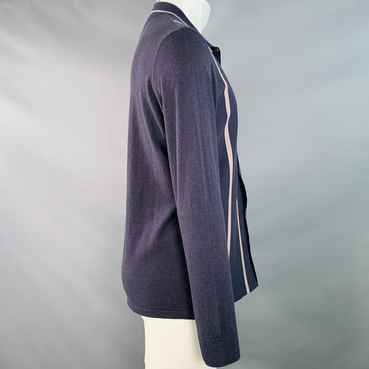 LANVIN Size M Navy Grey Pink Stripe Merino Wool Cotton Knit Long Sleeve Shirt