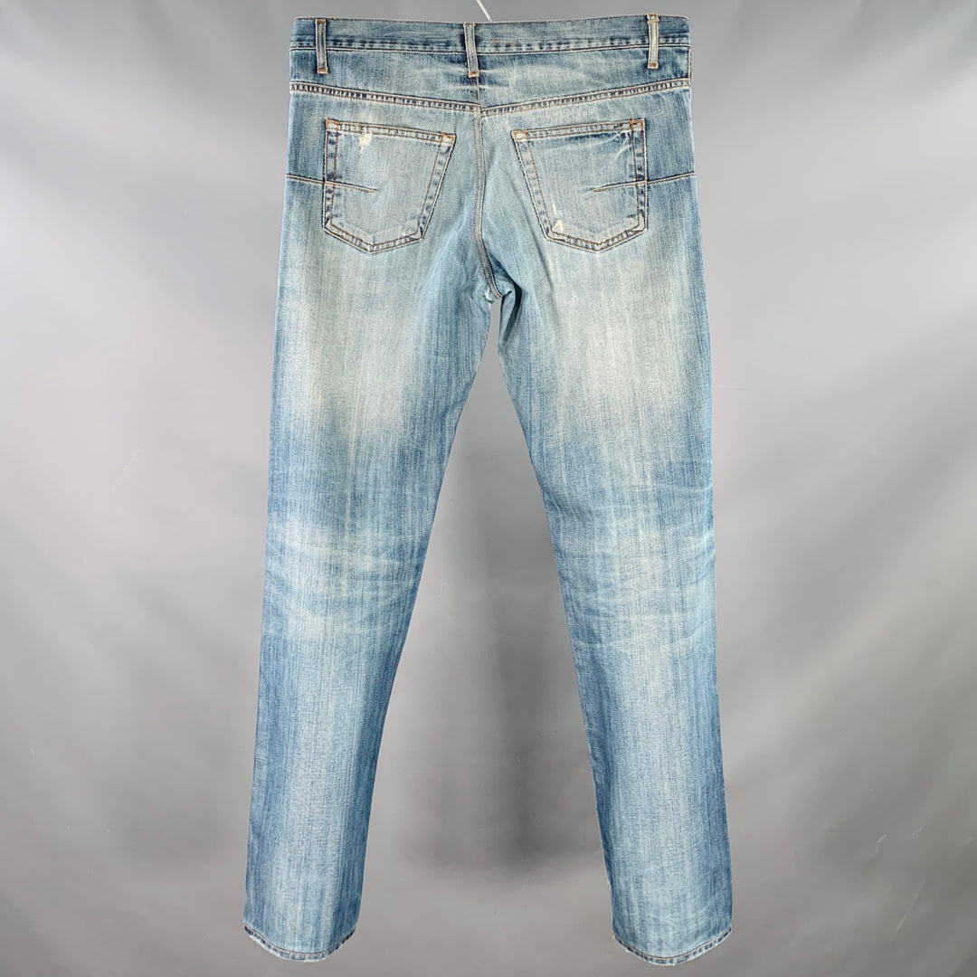 DIOR Size 34 Blue Washed Cotton Distressed Straight Button Fly Jeans