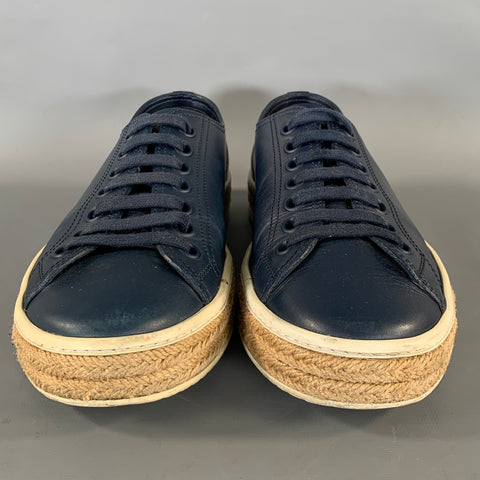 PRADA Size 7 Navy Beige Leather Espadrille Sneakers