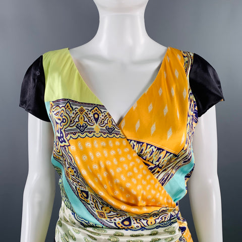 ETRO Size 6 Multi Color Silk Blend Mixed Patterns Cap Sleeves Dress