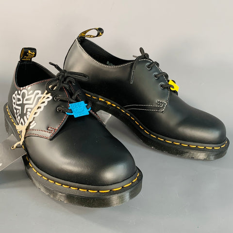 DR. MARTENS x KEITH HARING Size 11 Black Multi Color Graphic Leather Derby Lace-Up Shoes