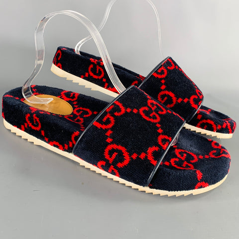 GUCCI Size 10.5 Black Red Guccissima Monogram Velvet Slip On Sandals