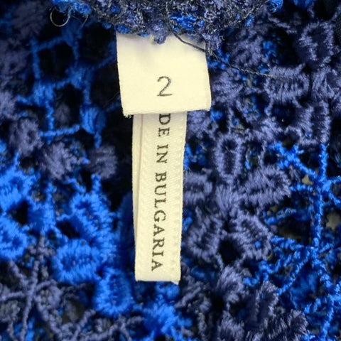 Haut Robe Courte Coupe Droite Manches Courtes en Dentelle Polyester Bleu Marine Sandro Taille 2