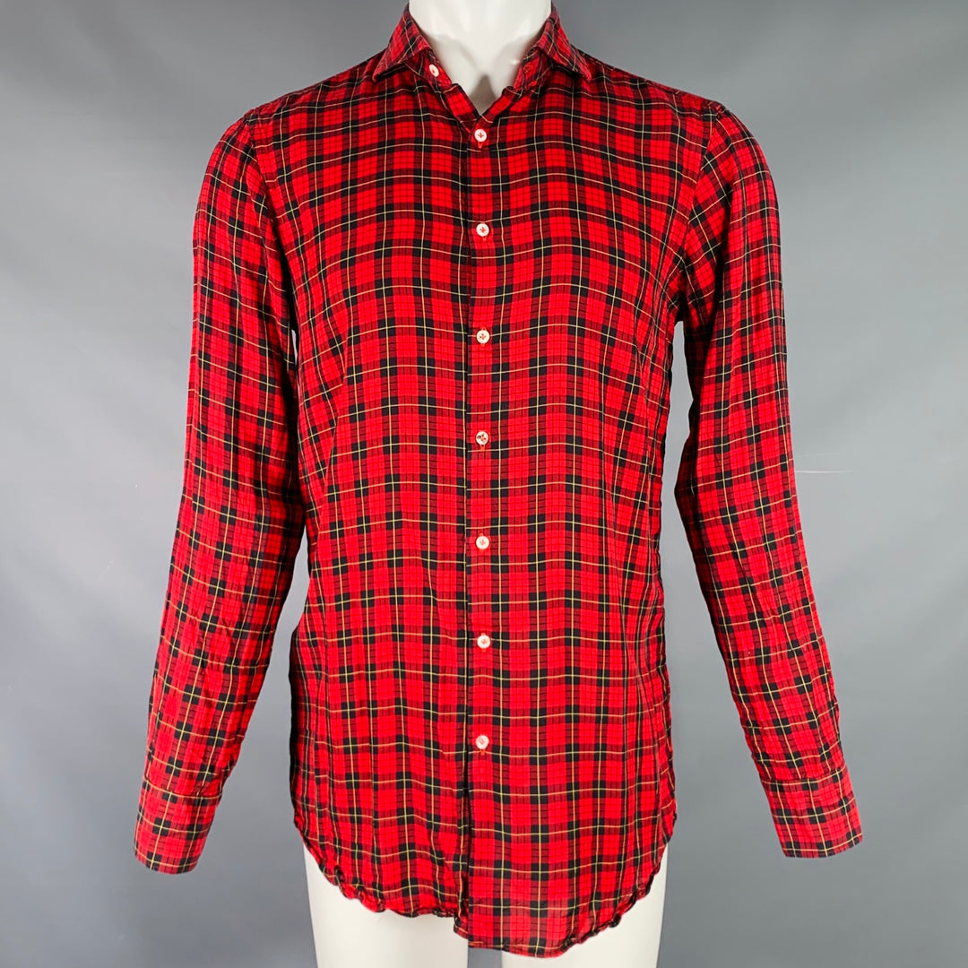 Gabriele Pasini Size M Red Black Plaid Lyocell Button Up Long Sleeve Shirt