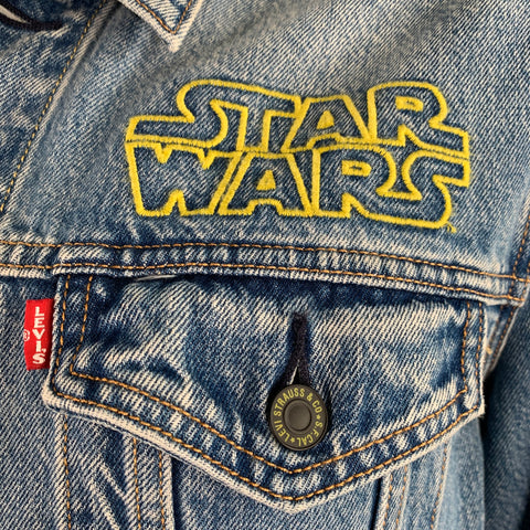 LEVI STRAUSS Size XL Blue Yellow Embroidery Cotton Trucker Jacket