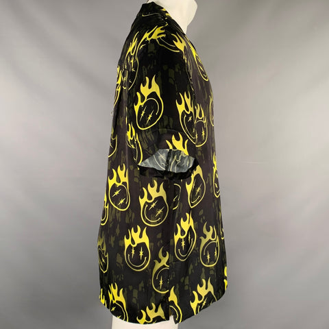 Chemise à manches courtes PHIPPS de taille S en viscose noire et jaune à motif de bowling