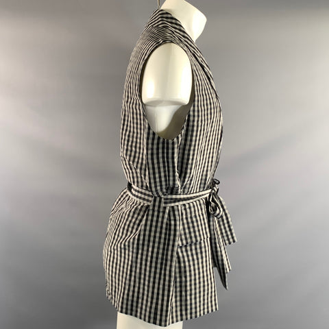 LA PERLA Size S Grey Black Checkered Linen Silk Shawl Collar Vest