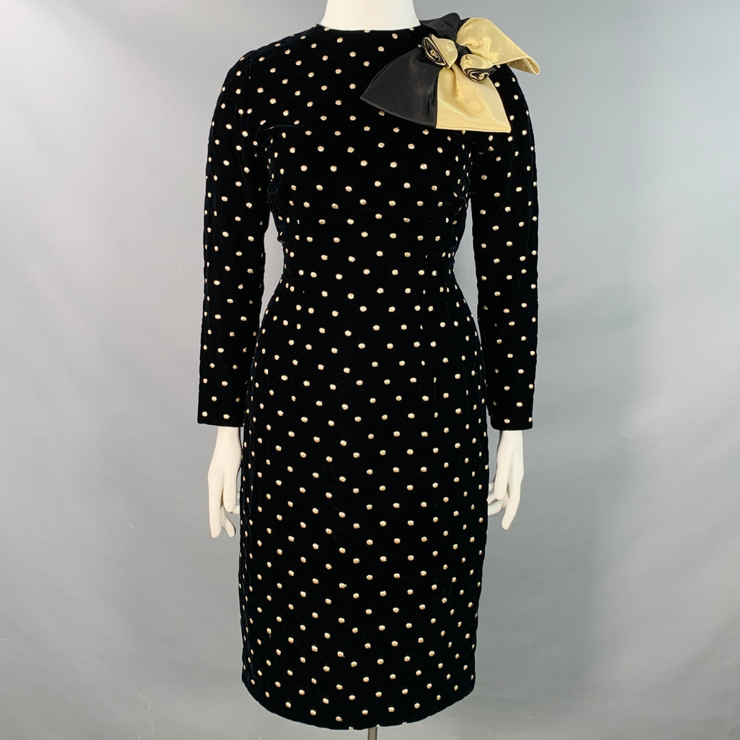 AKRIS Size 14 Black Metallic Gold Velvet Polka Dot Long Sleeve Bow Midi Dress