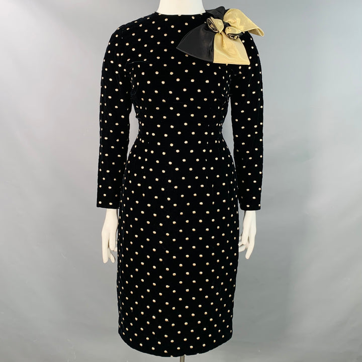 AKRIS Size 14 Black Metallic Gold Velvet Polka Dot Long Sleeve Bow Midi Dress