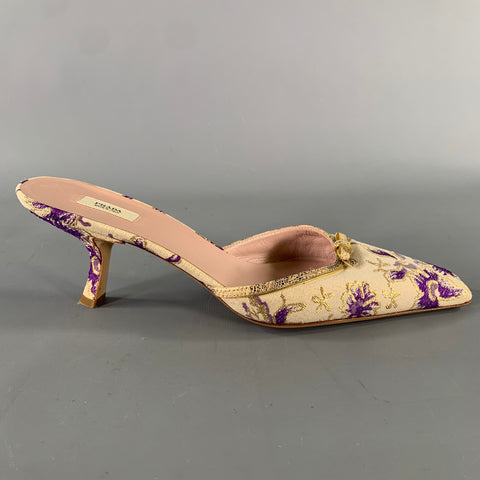PRADA Size 9 Champagne Purple Jacquard Floral Mules Pumps