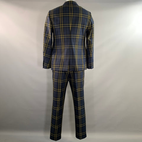 JOSEPH Chest Size 42 Navy Yellow Plaid Cotton Notch Lapel 34 30 Suit