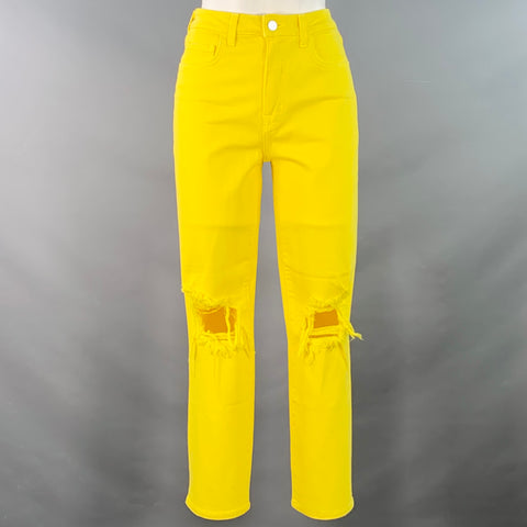 L'AGENCE Size 27 Yellow Cotton Blend Distressed Zip Up Jeans