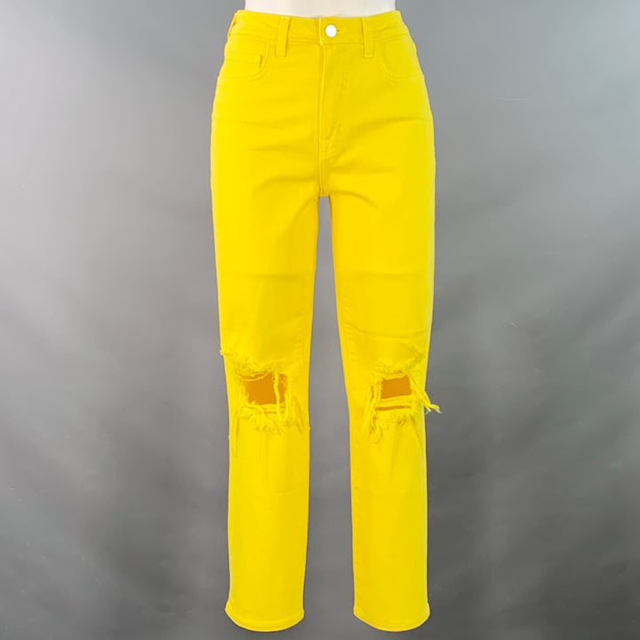 L'AGENCE Size 27 Yellow Cotton Blend Distressed Zip Up Jeans