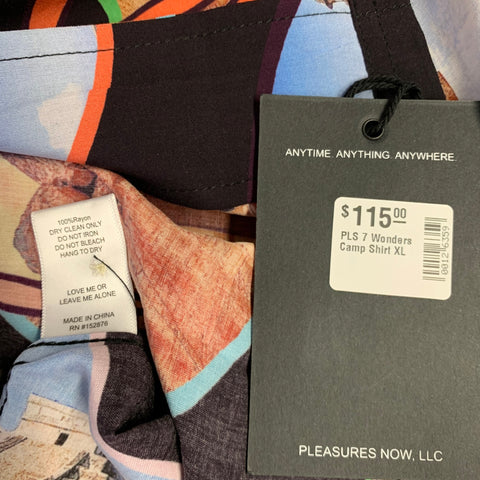 PLEASURES Size XL 7 Wonders Black Multi Color Print Rayon Camp Short Sleeve Shirt