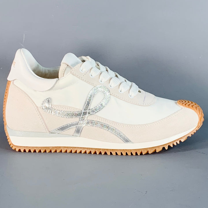 LOEWE Size 9 White Metallic Silver Nylon Suede Logo Sneakers