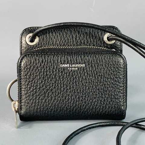 SAINT LAURENT One Size Black Silver Pebble Grain Leather Zip Wallet Handbag