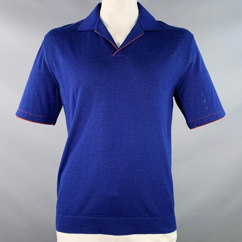 LORO PIANA Size 42 Blue Brown Contrast Trim Silk Cashmere Open Collar Polo