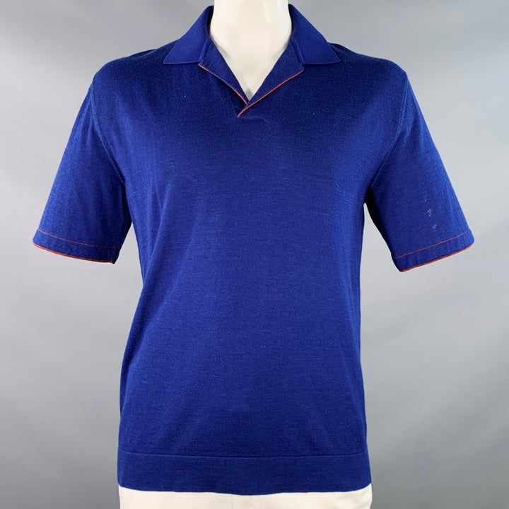 LORO PIANA Size 42 Blue Brown Contrast Trim Silk Cashmere Open Collar Polo