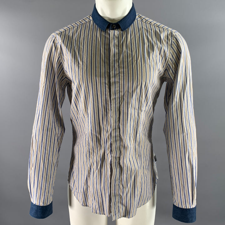 JUST CAVALLI Size M White Blue Brown Stripe Cotton Long Sleeve Shirt
