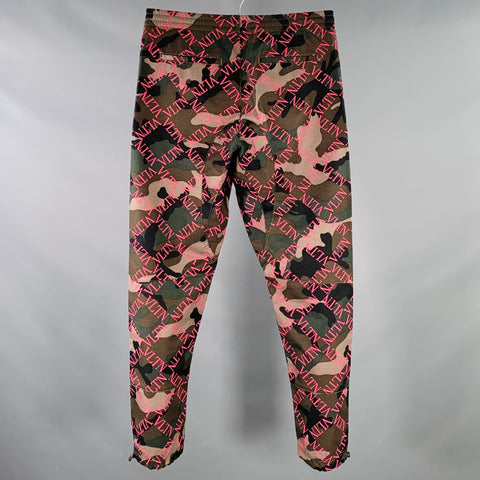 VALENTINO Size 30 Olive Black Pink Camouflage Monogram Cotton  Drawstring Casual Pants