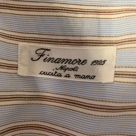 FINAMORE Size XL Blue White Brown Stripe Cotton Long Sleeve Shirt