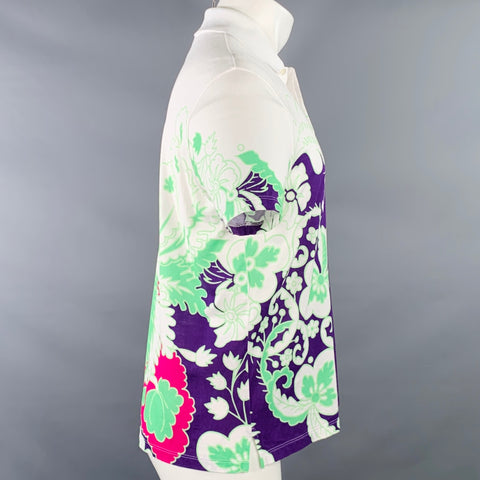 VALENTINO Size M White Purple Green Abstract Floral Print Cotton Buttoned Polo