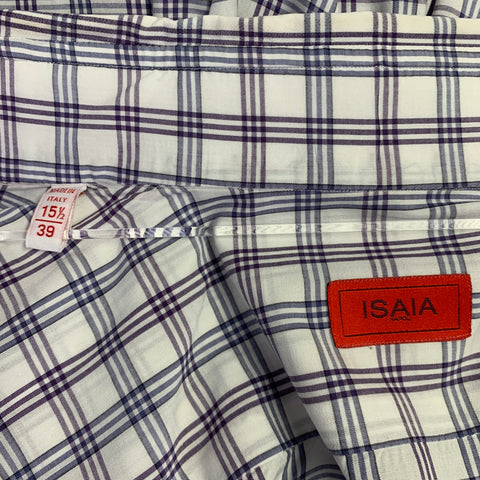 ISAIA Size M White Grey Purple Plaid Cotton Spread Collar Long Sleeve Shirt