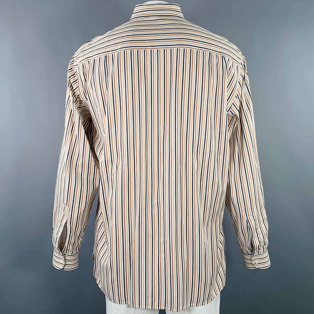 ERMENEGILDO ZEGNA Size XL White Brown Black Stripe Cotton Long Sleeve Shirt