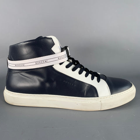 BUSCEMI Size 11 100MM Navy White Two Toned Leather High Top Sneakers