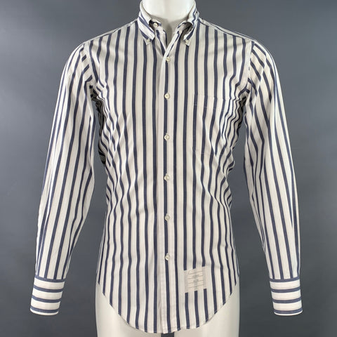 THOM BROWNE Size S White Navy Stripe Cotton One pocket Long Sleeve Shirt