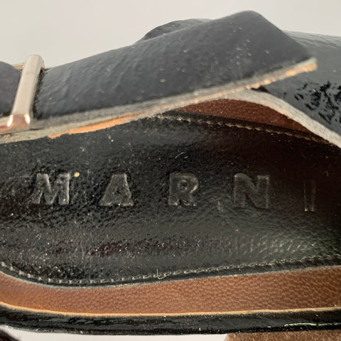 MARNI Size 8 Black Silver Patent Leather Chunky Heel Sandals