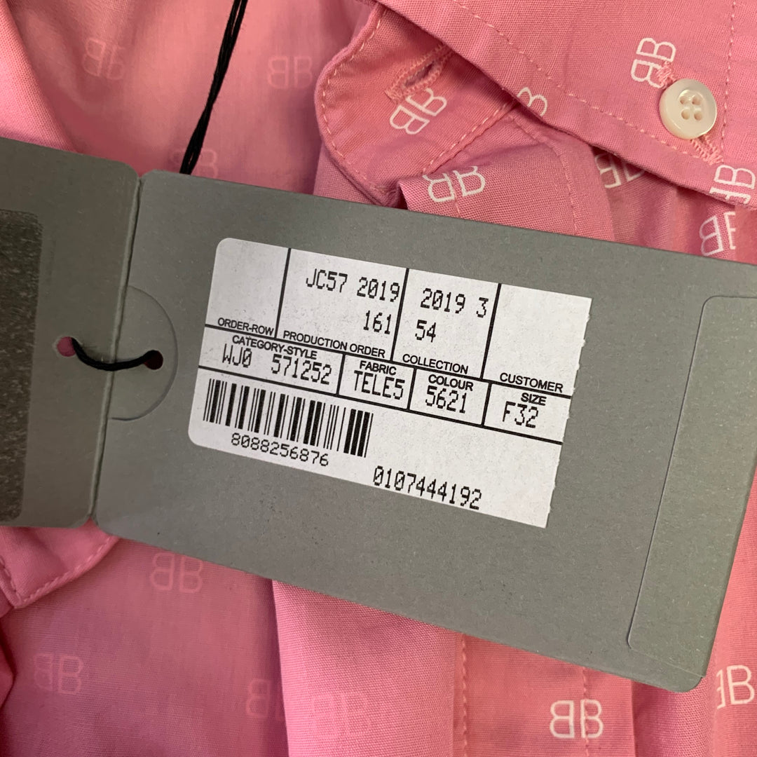 BALENCIAGA Size XS Pink White Monogram Cotton Button Down Short Sleeve Shirt