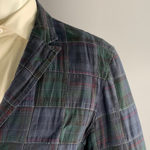 ONES STROKE Chest Size XL Navy Green & Red Plaid Cotton Notch Lapel Sport Coat