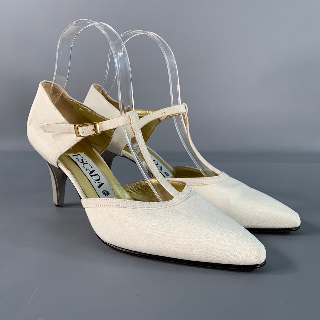 ESCADA Size 8 Ivory Silk Leather T- Strap Pumps