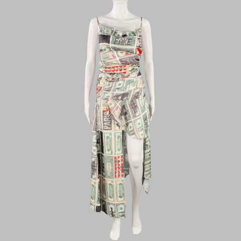 VAQUERA Size S Multi Color Polyester Money Print Ruched Asymmetrical Spaghetti Straps Dress