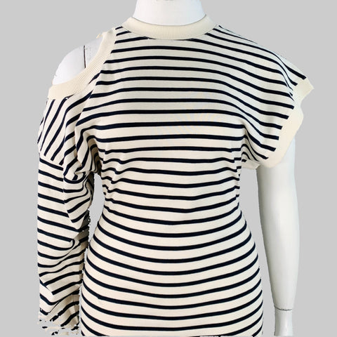 A.W.A.K.E.MODE Size XL Beige Navy Cotton Stripe Asymmetrical Dress
