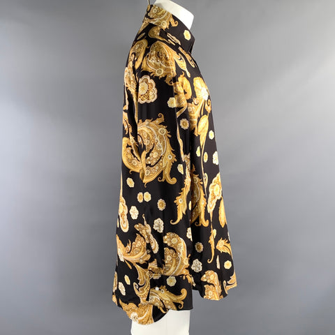 BILLIONAIRE COUTURE Size M Black Yellow Paisley Silk Button Up Long Sleeve Shirt