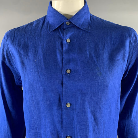 ARMANI COLLEZIONI Size L Blue Cobalt Solid Linen Long Sleeve Shirt