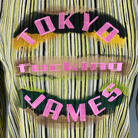 TOKYO JAMES Size M Yellow Black Stripe Mixed Fabrics Long Sleeve Pullover