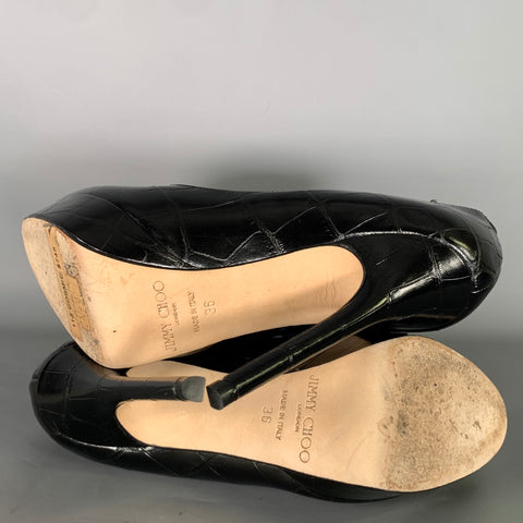 JIMMY CHOO Size 6 Black Leather Croc Embossed Stiletto Pumps