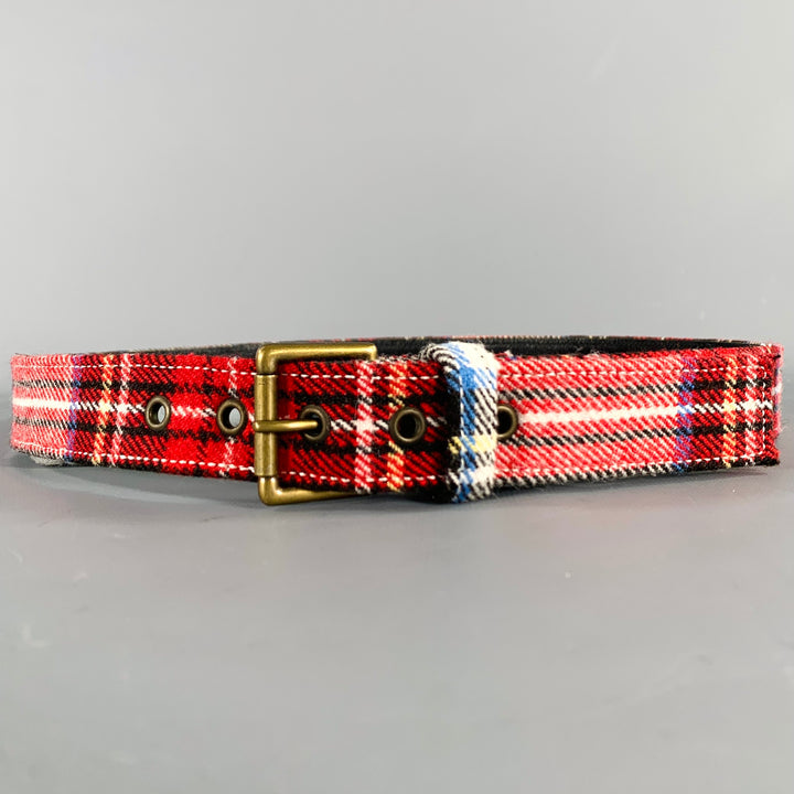 A.P.C. Size 36 Red Black White Plaid Wool Blend Belt