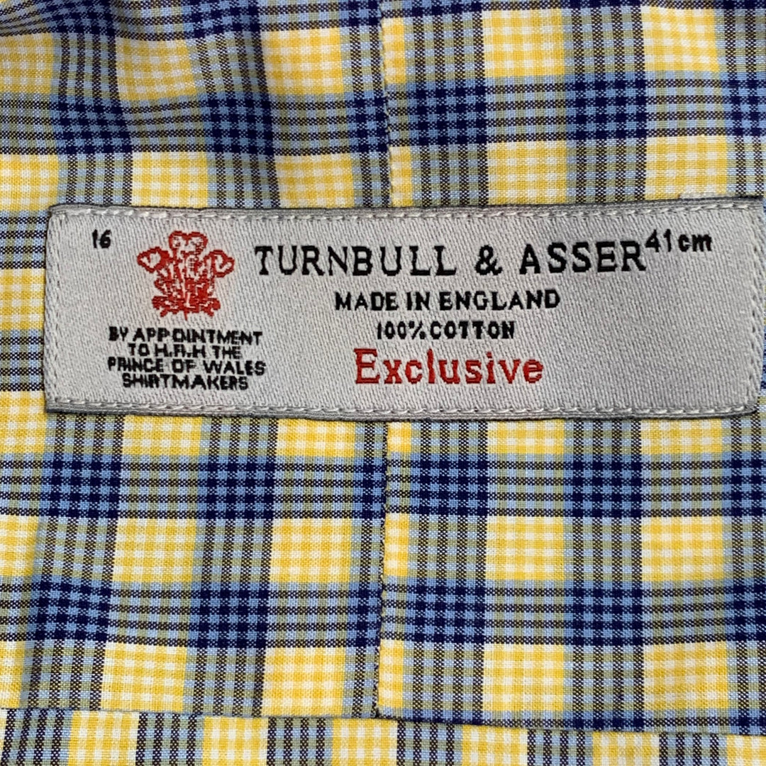 TURNBULL & ASSER Size L Blue Yellow Checkered Cotton Long Sleeve Shirt