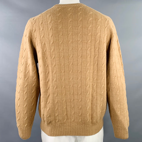 BROOKS BROTHERS Size L Camel Cable Knit Wool Crew Neck Sweater