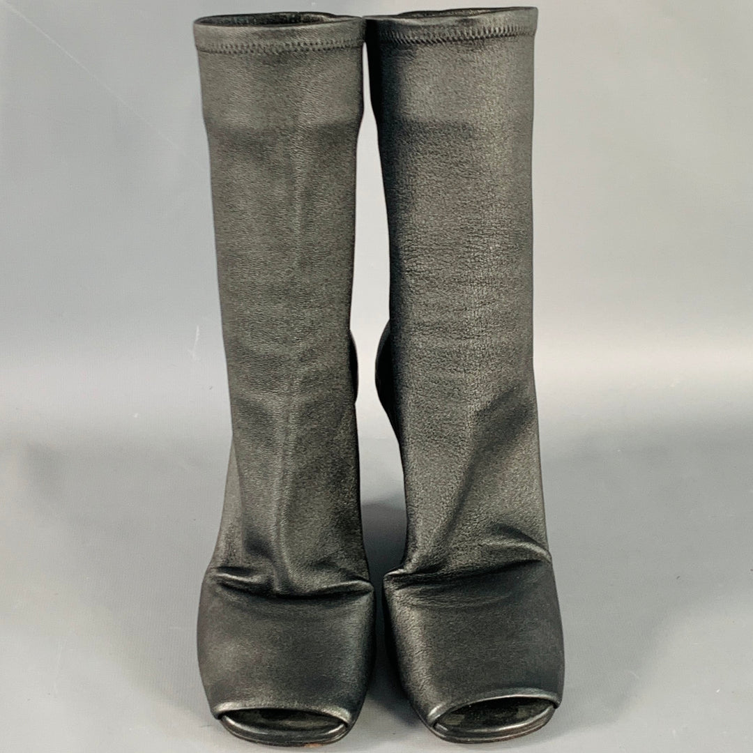 RICK OWENS Size 5 Black Lambskin Leather Open Toe Sock Wedge Boots