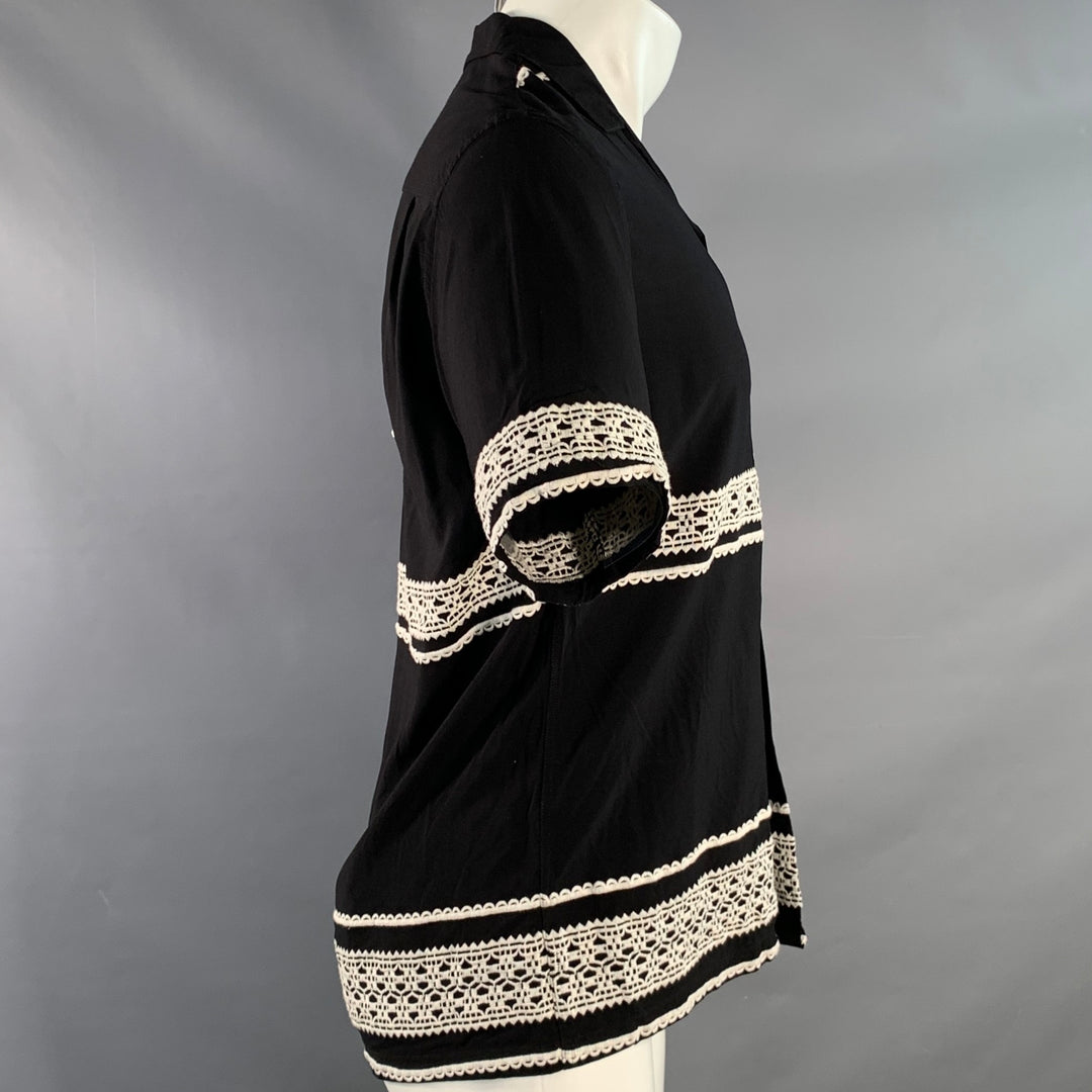 PORTUGUESE FLANNEL Size M Black White Lace Embroidery Viscose Camp Short Sleeve Shirt