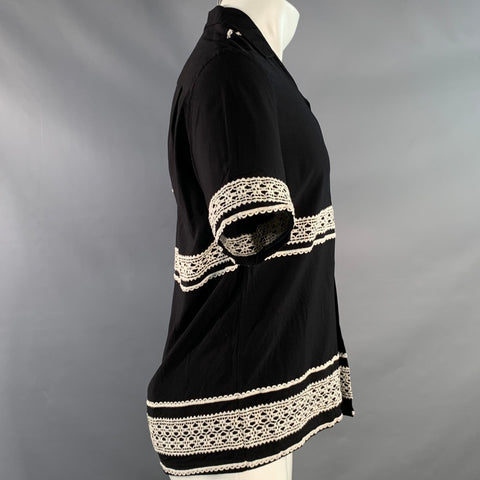 PORTUGUESE FLANNEL Size M Black White Lace Embroidery Viscose Camp Short Sleeve Shirt