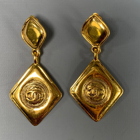 CHANEL Gold Tone Quilted Logo Clip-On Earrings