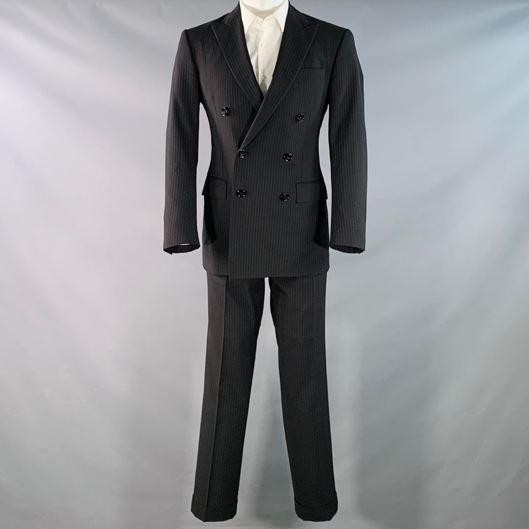 RALPH LAUREN Size 38 Regular Black Pinstripe Wool Double Breasted Peak Lapel Suit