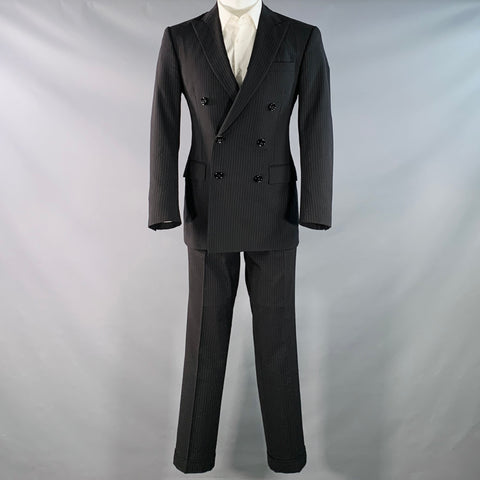 RALPH LAUREN Size 38 Regular Black Pinstripe Wool Double Breasted Peak Lapel Suit